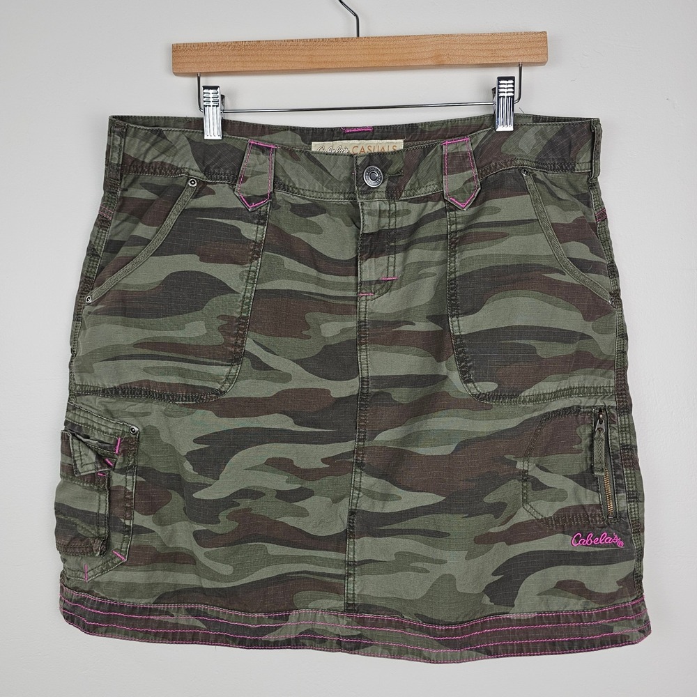 Cabela's Cargo Skirt Women 16 Green Camo Pink Stitching Ripstop Mini Outdoor